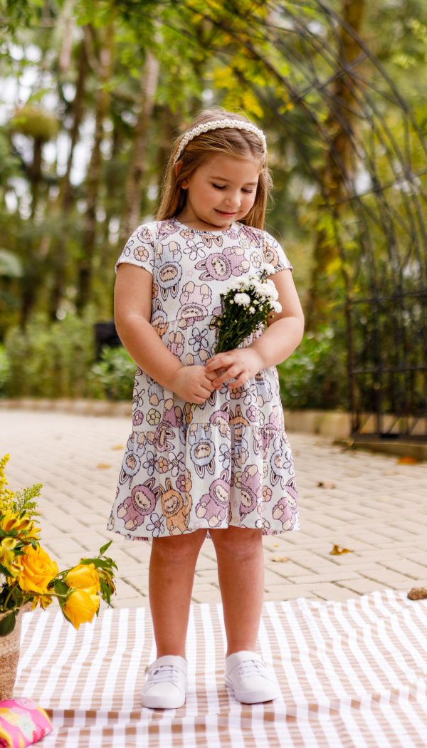 Vestido Canelado de Babado Infantil Feminino Com Estampa Do Labubu Candy Colors