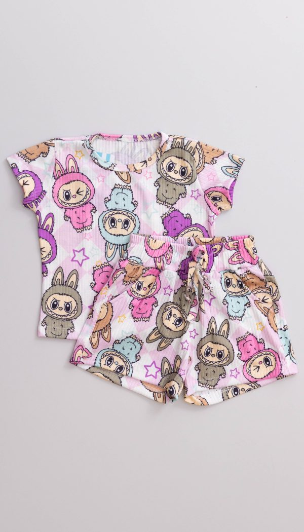 Conjunto Canelado De Blusa e Shorts Infantil Feminino Estampa Do Labubu