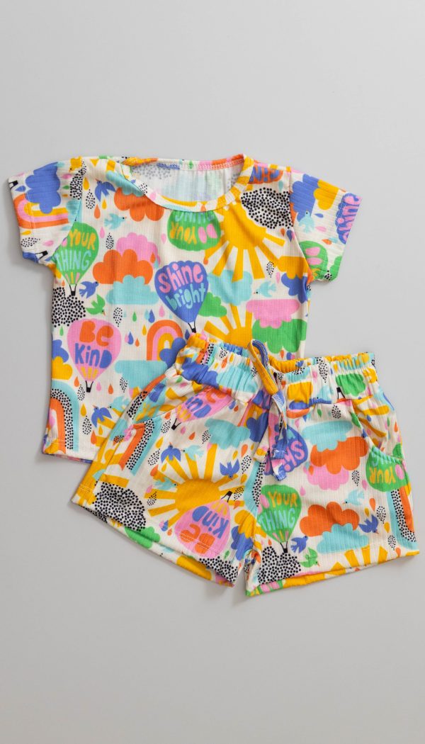 Conjunto Canelado De Blusa e Shorts Infantil Feminino Estampa De Balão