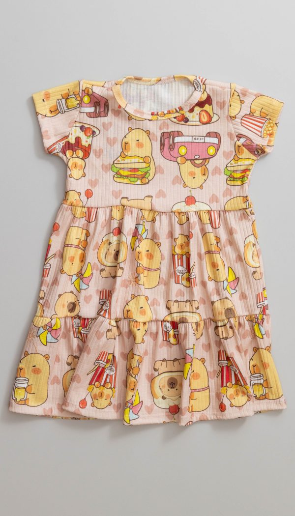 Vestido Canelado de Babado Infantil Feminino Com Estampa Da Capivara Popcorn