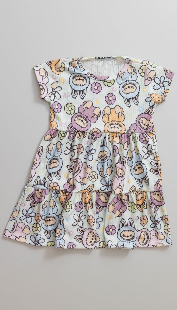 Vestido Canelado de Babado Infantil Feminino Com Estampa Do Labubu Candy Colors