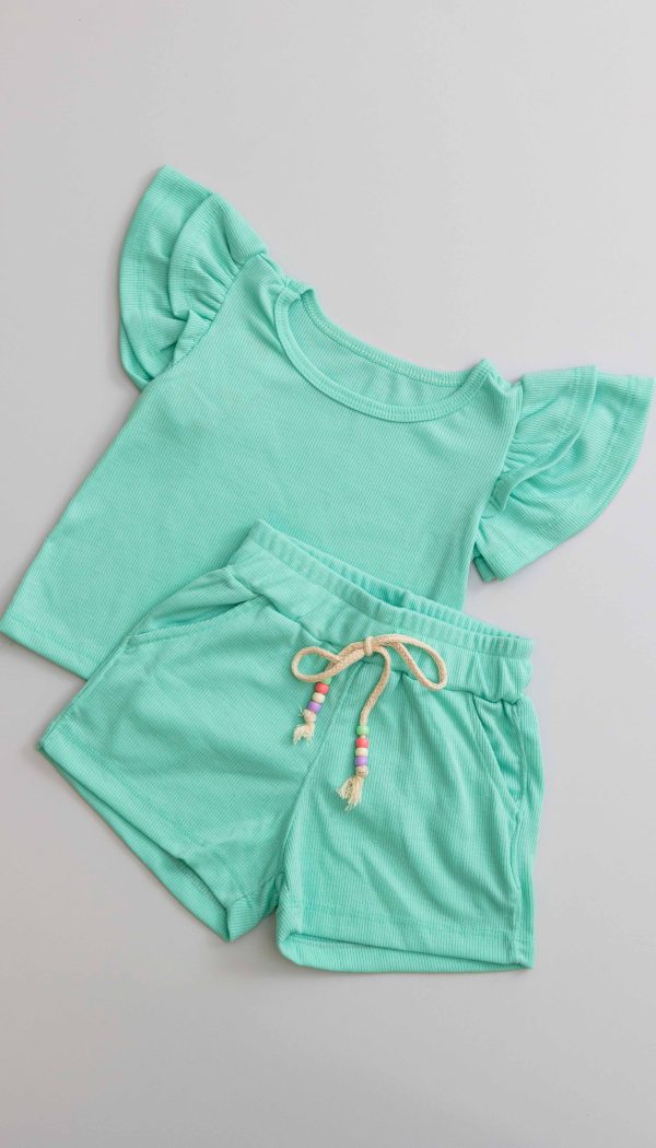 Conjunto Canelado Infantil De Blusa Com Manga Babado E Shorts Feminino Verde Candy
