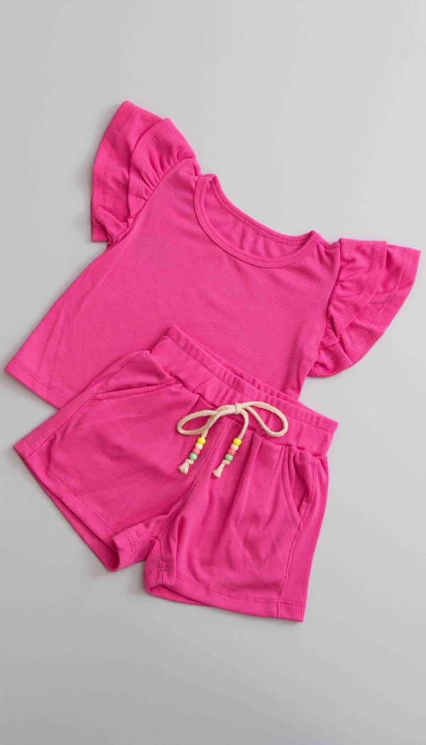 Conjunto Canelado Infantil De Blusa Com Manga Babado E Shorts Feminino Rosa Candy