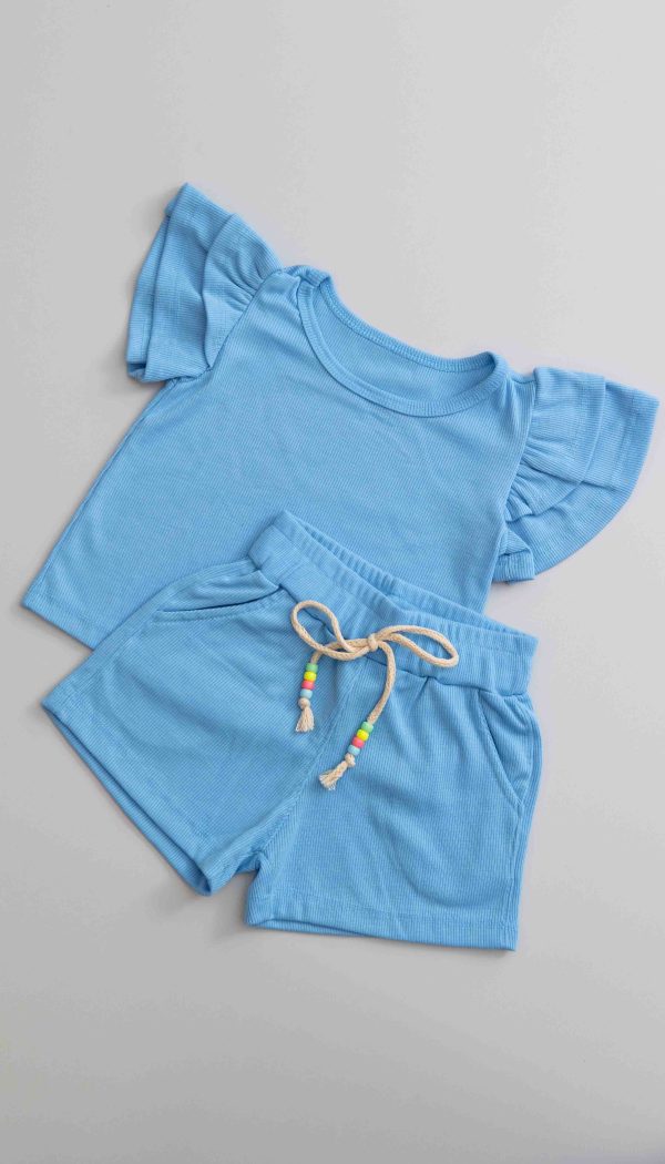 Conjunto Canelado Infantil De Blusa Com Manga Babado E Shorts Feminino Azul Candy