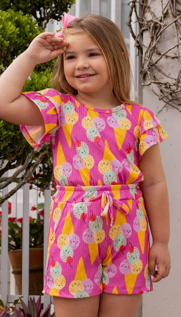 Conjunto Canelado Infantil De Blusa Com Manga Babado E Shorts Feminino Estampa De Sorvetes Coloridos