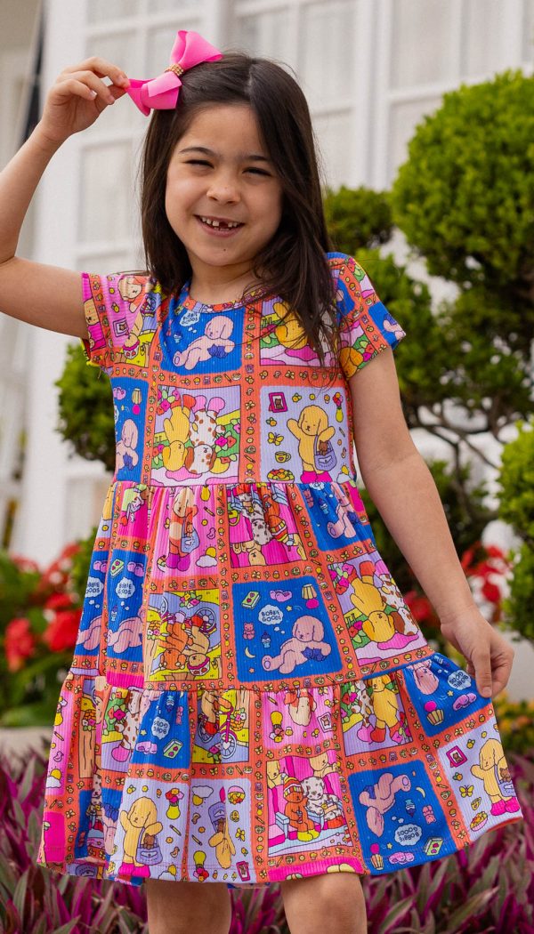 Vestido Canelado de Babado Infantil Feminino Com Estampa Do Bobbie Goods Colorido