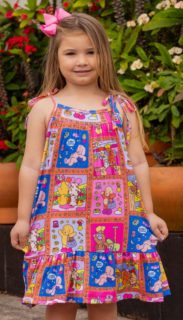 Vestido Canelado Infantil Feminino Com Alçinha De Amarração E Babado Na Barra Estampa Bobbie Goods Colorido