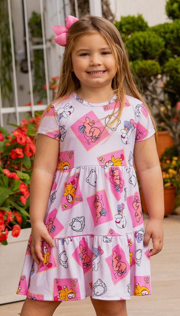 Vestido Canelado de Babado Infantil Feminino Com Estampa Do Bobbie Goods Rosa