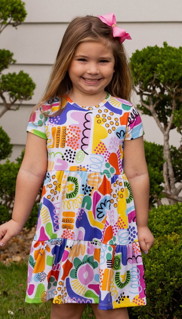 Vestido Canelado de Babado Infantil Feminino Com Estampa Abstrato Colorido