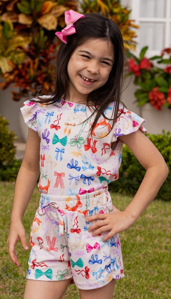 Conjunto Canelado Infantil De Blusa Com Babado E Shorts Feminino Estampa Laçinhos Coloridos