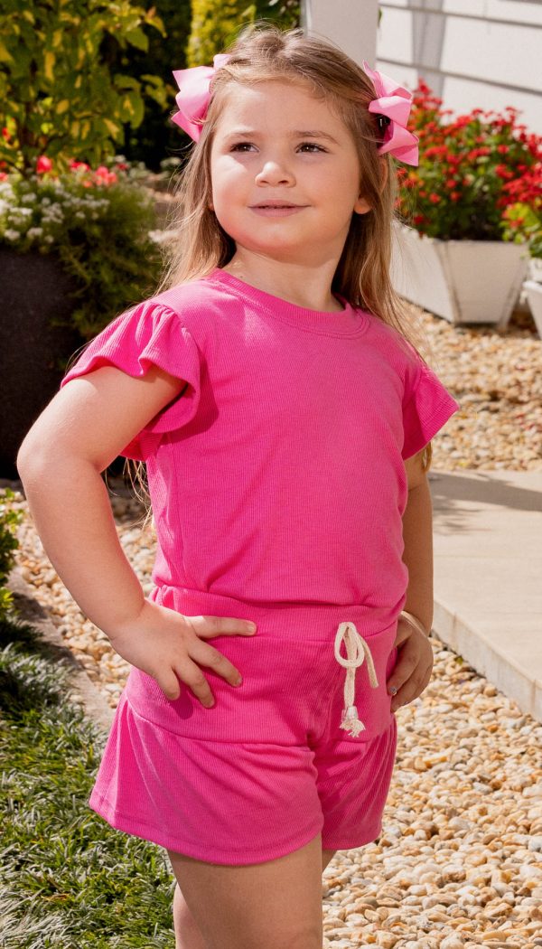 Conjunto Infantil Feminino Canelado Blusa E Shorts Babado Rosa Candy