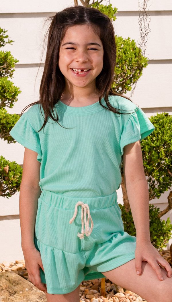 Conjunto Infantil Feminino Canelado Blusa E Shorts Babado Verde Candy