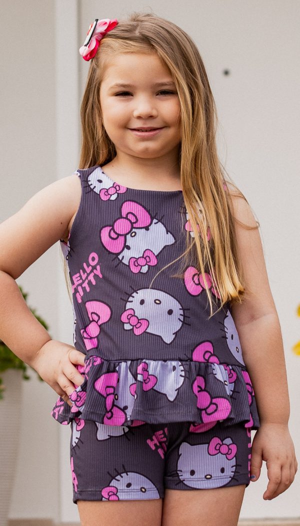 Conjunto Canelado Infantil De Blusa Regata Com Babado E shorts Feminino Estampa Da Hello Kitty Cinza