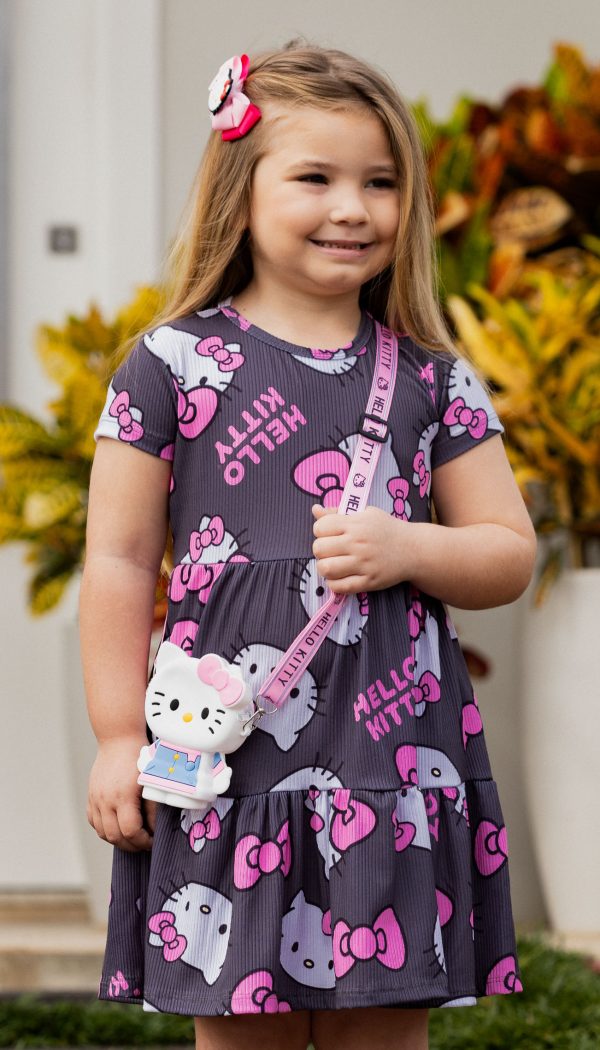 Vestido Canelado de Babado Infantil Feminino Com Estampa Da Hello Kitty Cinza