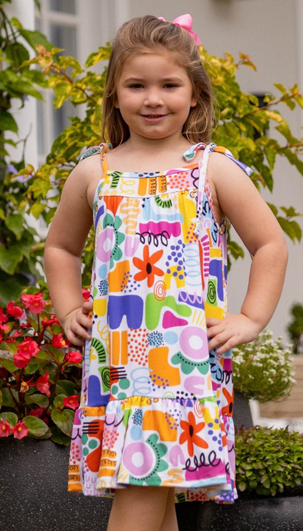 Vestido Canelado Infantil Feminino Com Alçinha De Amarração E Babado Na Barra Estampa Abstrato Colorido