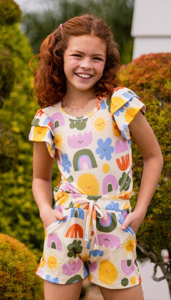 Conjunto Canelado Infantil De Blusa Com Manga Babado E Shorts Feminino Estampa Do Arco íris De Verão