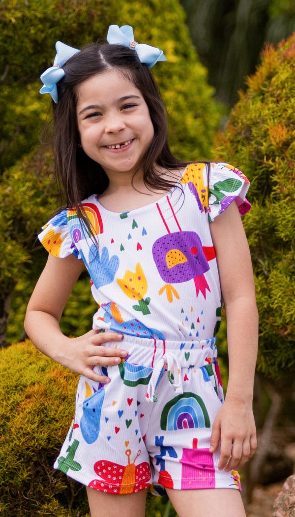 Conjunto Canelado Infantil De Blusa Com Babado E Shorts Feminino Estampa Encantada