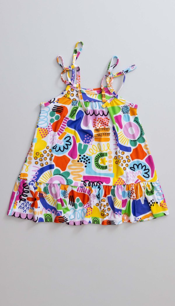 Vestido Canelado Infantil Feminino Com Alçinha De Amarração E Babado Na Barra Estampa Abstrato Colorido