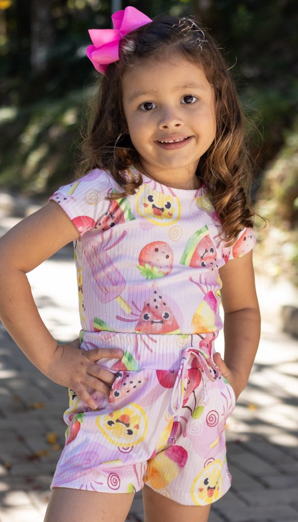 Conjunto Canelado De Blusa e Shorts Infantil Feminino Estampa De Frutas Rosa