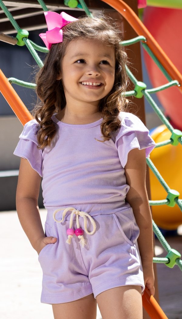 Conjunto Canelado Infantil De Blusa Com Manga Babado E Shorts Feminino Lilás Candy