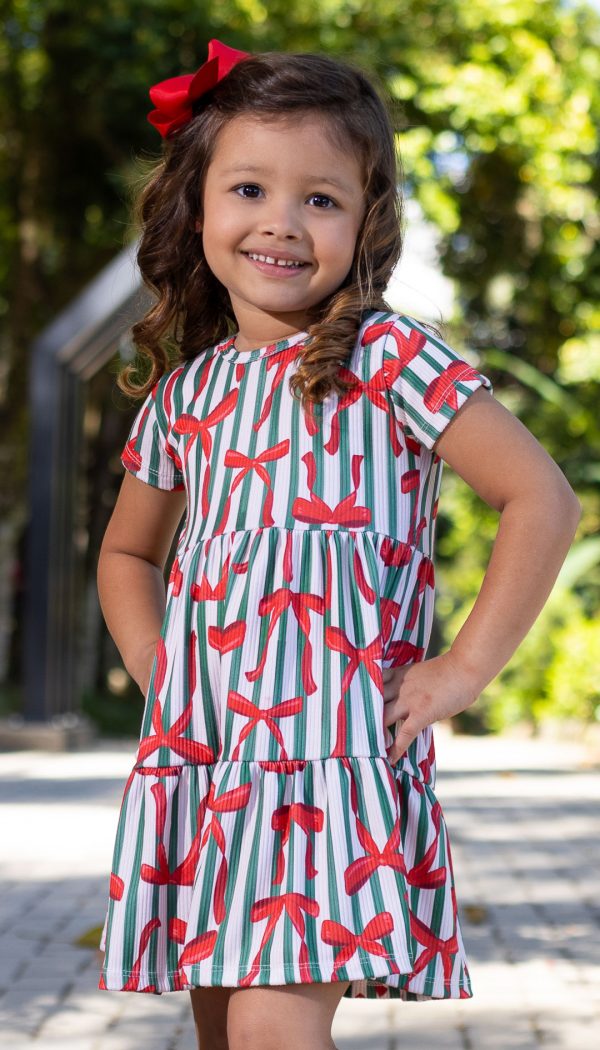 Vestido Canelado de Babado Infantil Feminino Com Estampa De Laços Vermelho