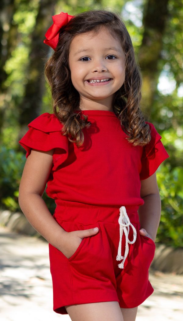Conjunto Canelado Infantil De Blusa Com Manga Babado E Shorts Feminino Vermelho