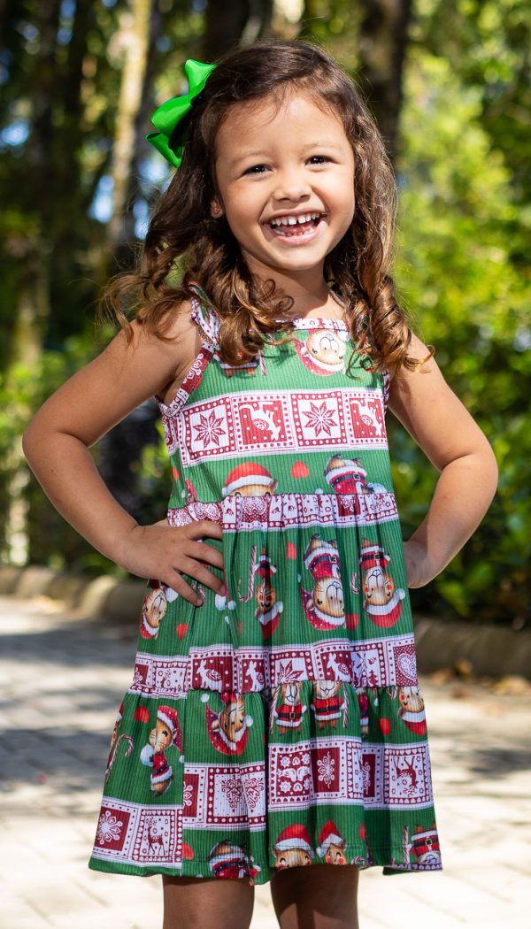 Vestido Canelado Infantil Feminino Com Alçinha De Amarração E Babado Na Barra Estampa Capivara Noel