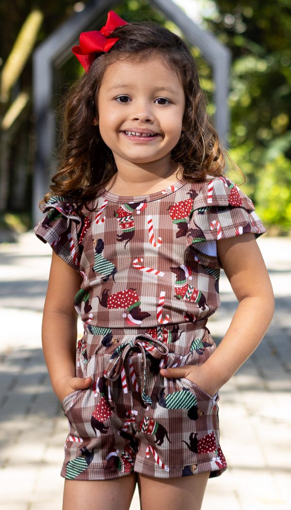 Conjunto Canelado Infantil De Blusa Com Manga Babado E Shorts Feminino Estampa Dog De Natal