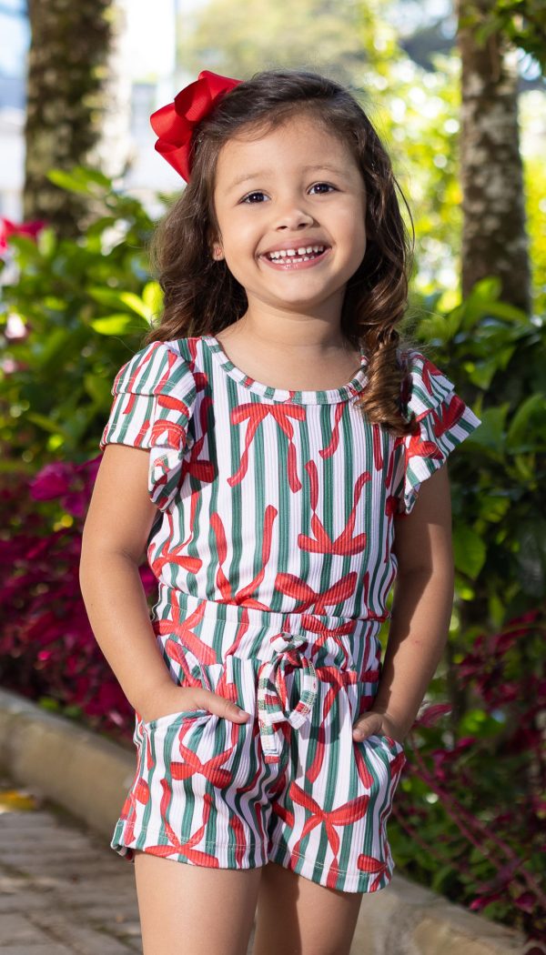 Conjunto Canelado Infantil De Blusa Com Manga Babado E Shorts Feminino Estampa Laços Vermelho