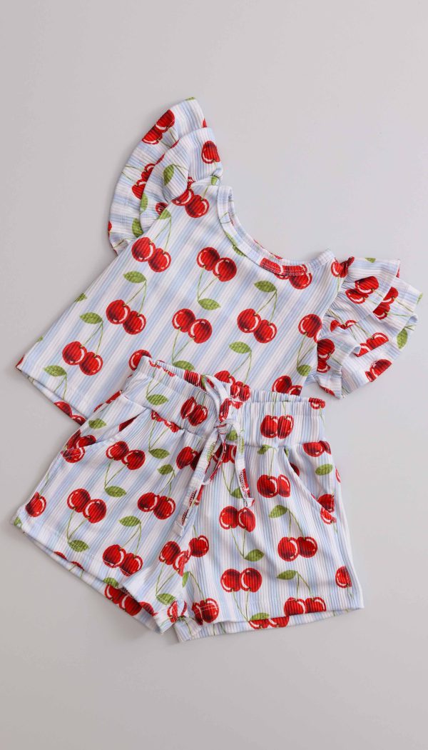 Conjunto Canelado Infantil De Blusa Com Manga Babado E Shorts Feminino Estampa De Cerejas