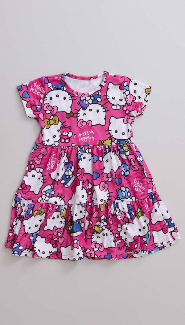 Vestido Canelado de Babado Infantil Feminino Com Estampa Da Hello Kitty Rosa