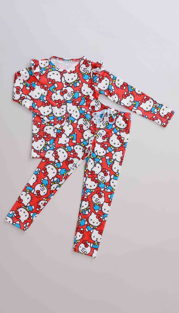 Conjunto Infantil Feminino Canelado De Blusa E Calça Estampa Hello Kitty Vermelho
