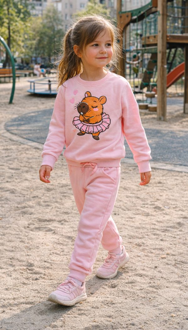 Conjunto De Moletom Infantil Feminino Com Estampa Capivara Bailarina Rosa