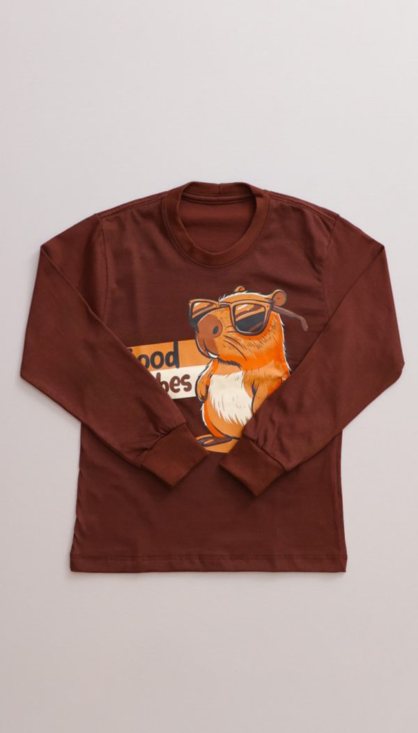 Camiseta Infantil Manga Longa Estampa Da Capivara Good Vibes Marrom