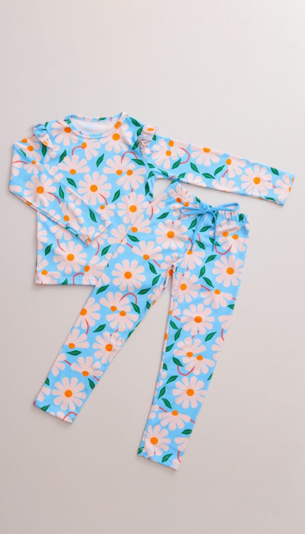 Conjunto Infantil Feminino Canelado De Blusa E Calça Estampado Margaridas Azul