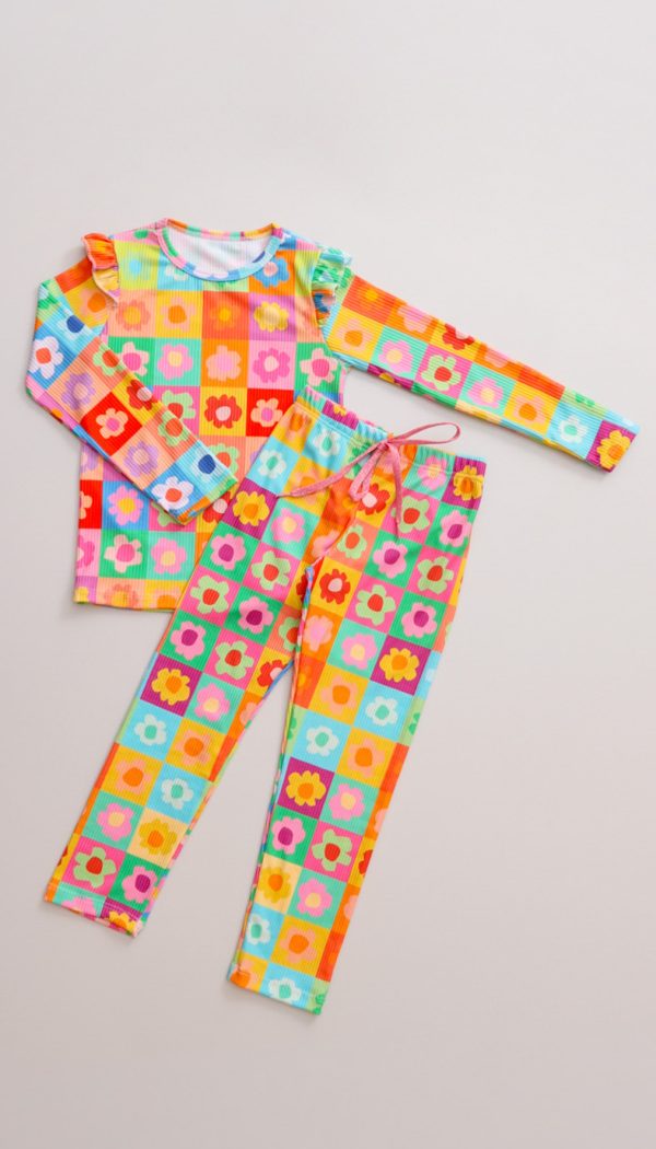 Conjunto Infantil Feminino Canelado De Blusa E Calça Estampado De Flores