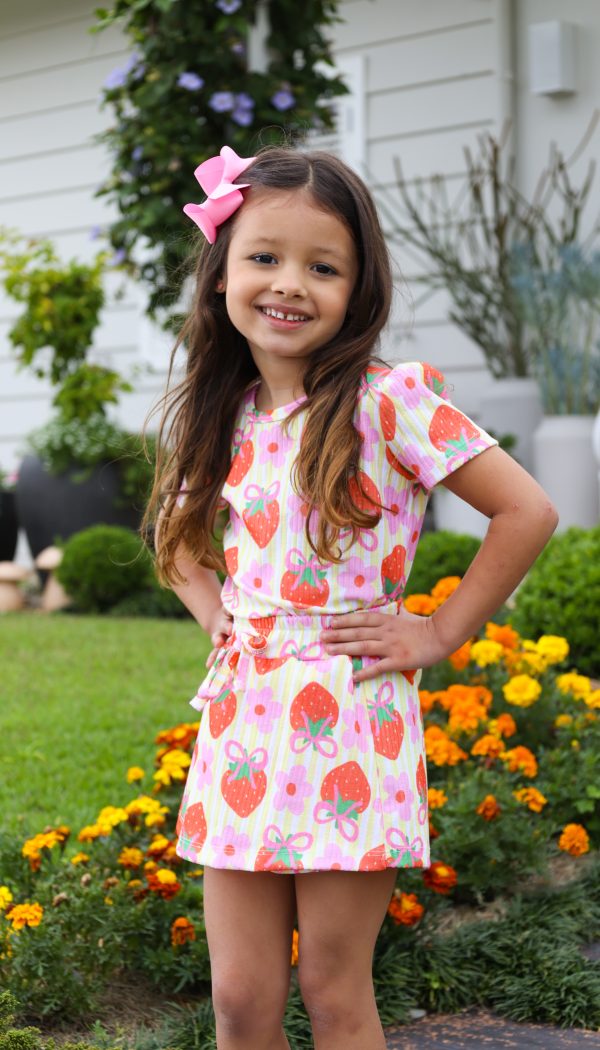 Conjunto Canelado Cropped E Shorts Saia Infantil Feminino Estampado De Morangos
