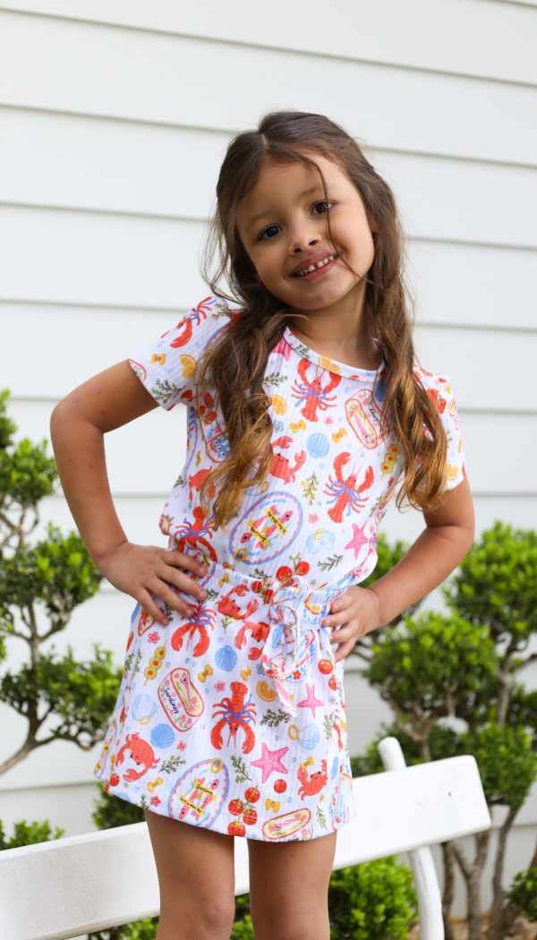 Conjunto Canelado Cropped E Shorts Saia Infantil Feminino Estampado De Lagostas