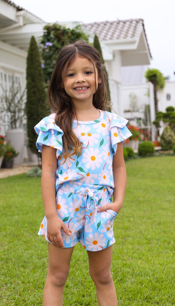 Conjunto Canelado Infantil De Blusa Com Manga Babado E Shorts Feminino Estampa De Margaridas Azul
