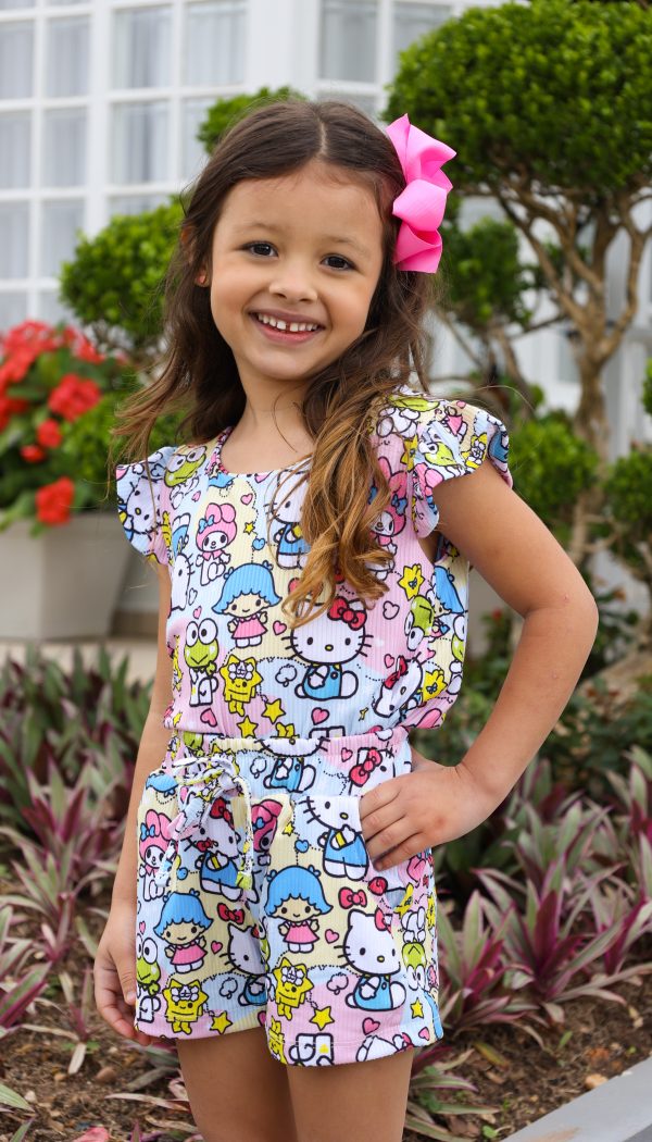 Conjunto Canelado Infantil De Blusa Com Babado E Shorts Feminino Estampa Hello Kitty Colorido